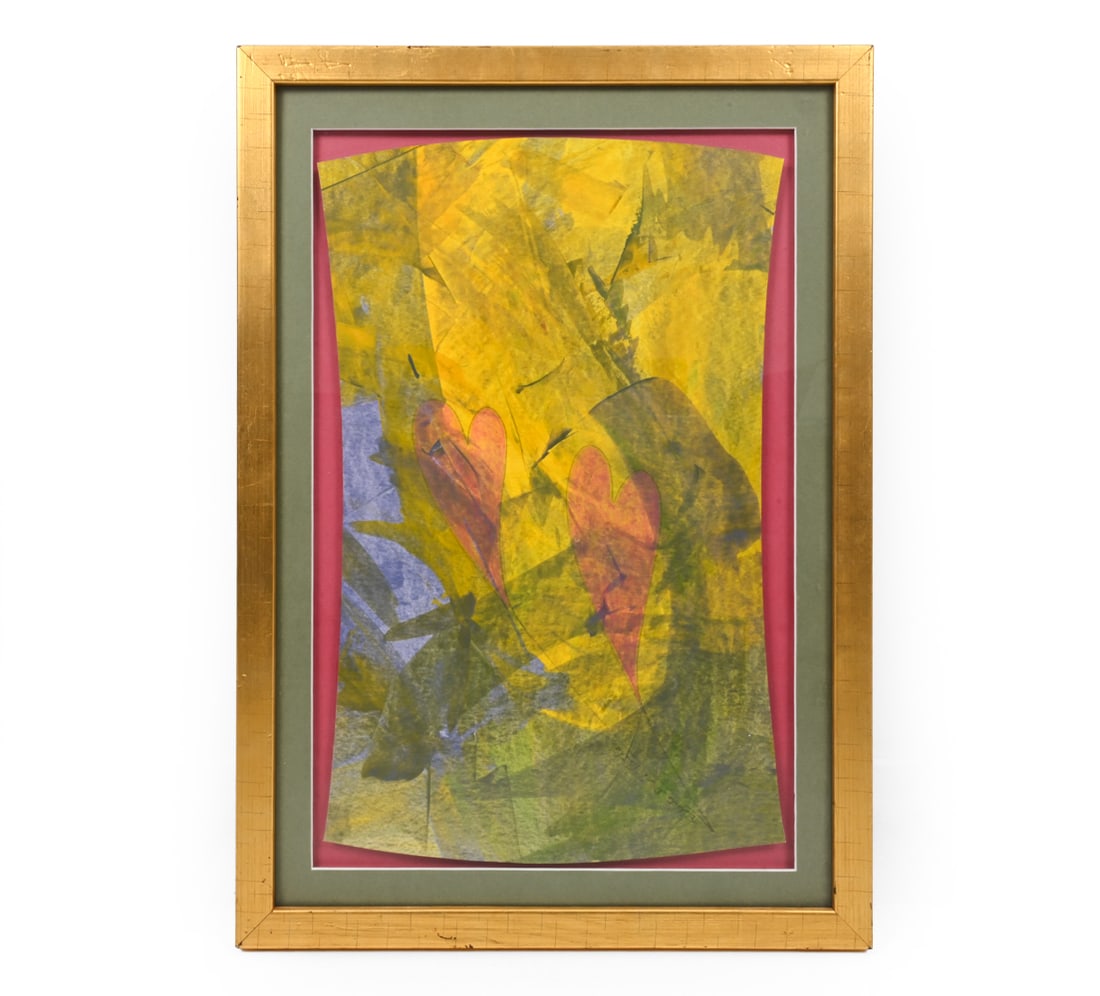ROBERTO DE LA RENTA (MEXICAN B. 1953) ABSTRACT W/P: Abstract watercolor with central heart motifs. Signed on right side. 20th century. Dimensions: (Frame) H 24 " x W 17 " x D 1.75 " (Sight) H 22 " x W 14.75 " Condition: Wear consistent with age and use