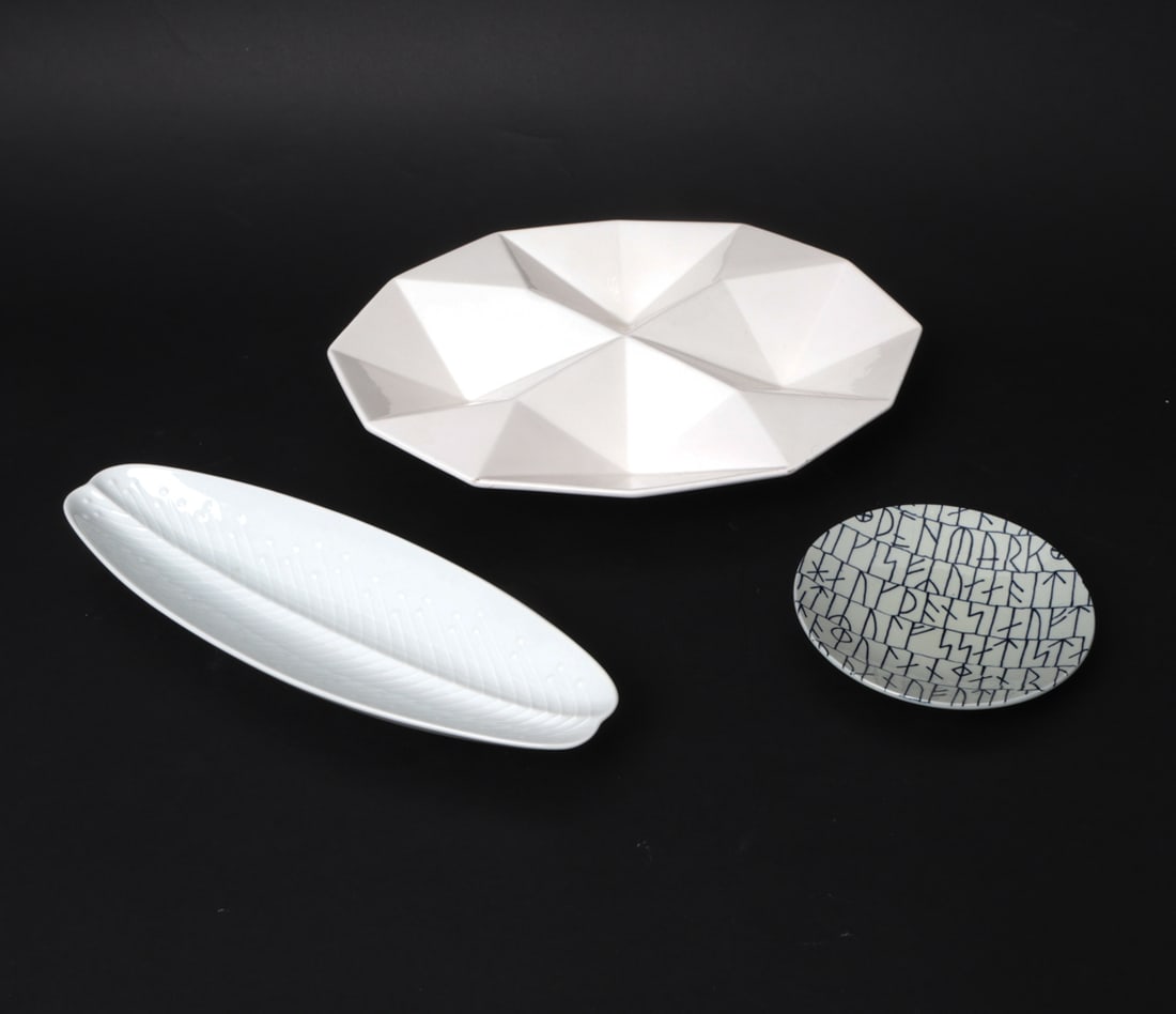 TAPIO WIRKKALA ROSENTHAL & NYMOLLE DISHES: Grouping of 3 porcelain dishes, includes Origami dish designs by Kaj Franck for Arabia, Tapio Wirkkala for Rosenthal Germany and Nymolle Denmark plate. Circa 1960s. Dimensions: (Largest) H 1.5" x W 12