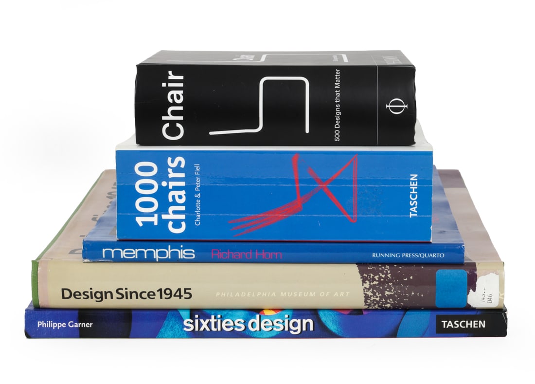 MID CENTURY & MODERN DESIGN BOOK GROUPING: Grouping of 5 art, furniture and design books including 1000 Chairs by Charlotte & Peter Fiell, Chair: 500 Designs That Matter, Sixties Design by Philippe Garner, Design Since 1945 and Memphis: Object