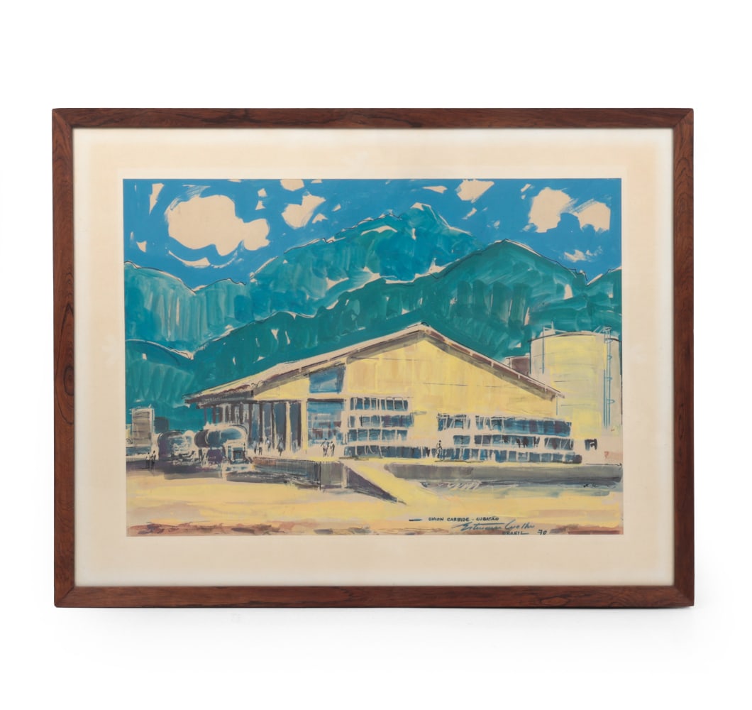 BRAZILIAN ARCHITECTURAL PAINTING: Indistinctly signed, dated 70 and titled "Union Carside Cubatao" lower right. Mixed media on paper, including gouache and ink. Dimensions: (Frame) H 29.5 " x W 38" x (Sight) H 21.25" x W 29.5" Conditi
