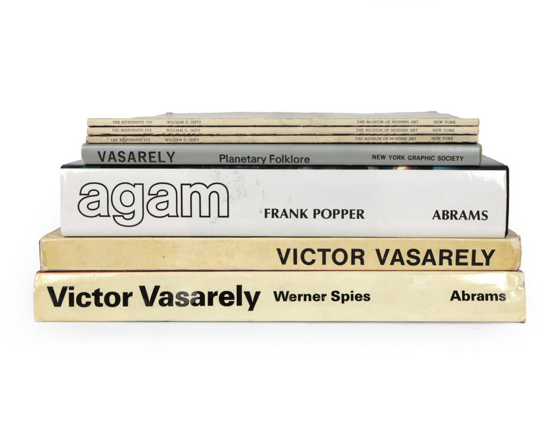 OP ART BOOKS INCL. VASARELY, AGAM & RILEY: Grouping of 7 Op Art and Kinetic Art books and exhibition catalogs, including works related to Victor Vasarely, Yaacov Agam and Bridget Riley. Circa 1960s. Dimensions: (Largest) H 12.25" x W 11.25" Co