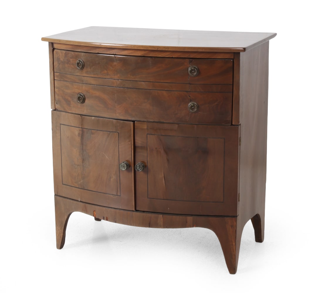 ANTIQUE FEDERAL STYLE MAHOGANY SIDE CHEST: One drawer and lower cabinet. Brass hardware. Early 20th century. Dimensions: H 27.5 " x W 26 " x D 17 " Condition: Wear consistent with age and use. Finish losses to bottom front. veneer loss, Scratc