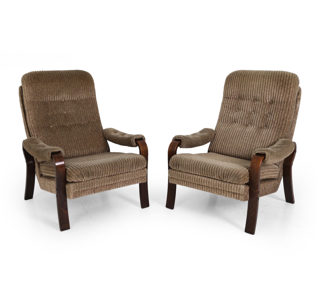 PAIR OF DANISH VELOUR LOUNGE CHAIRS C. 1970S: Stained beech frame with velour upholstery. Denmark, circa 1970s. Dimensions: H 33.5" x W 26.75" x D 27.25" x SH 15.25" Condition: Scuffs and slight discoloration. Fraying. Wear consistent with age