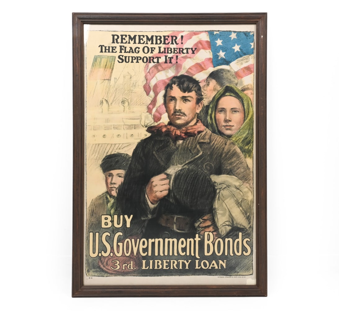 WWI LIBERTY BOND LITHOGRAPH POSTER C. 1918: Printed by Heywood Strasser & Voigt in Ithaca, NY. Advertisement for 3rd Liberty Bonds in WW1. Circa 1918. Dimensions: (Frame) H 32.25" x W 22.25", (Sight) H 29.75" x W 19.5" Condition: Dings and