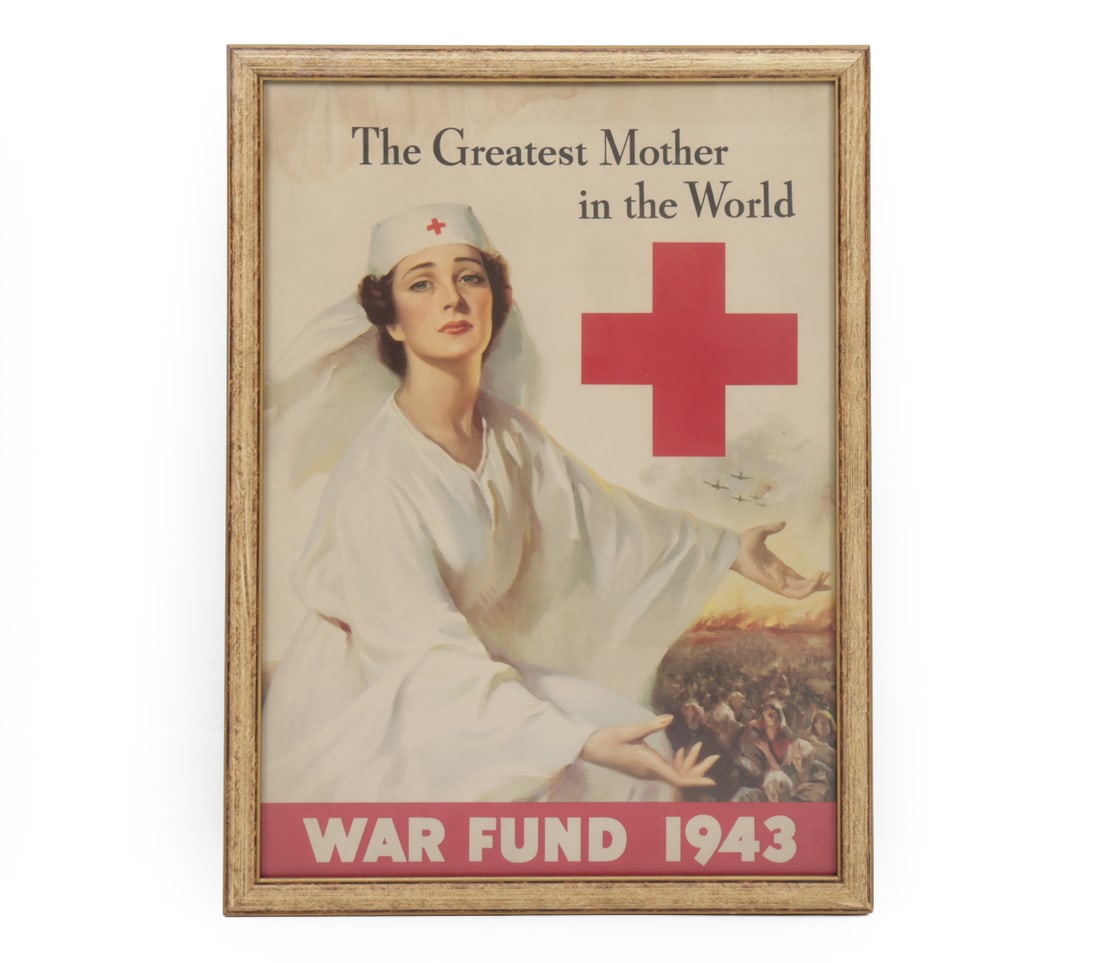 WWII AMERICAN RED CROSS WAR FUND LITHOGRAPH POSTER: Designed by artist Lawrence Wilbur. Depicts Red Cross nurse helping the people, titled "The Greatest Mother in the World". Released in 1943. Dimensions: (frame) H 21.2" x W 15.5" (sight) H 19.2" x W 1