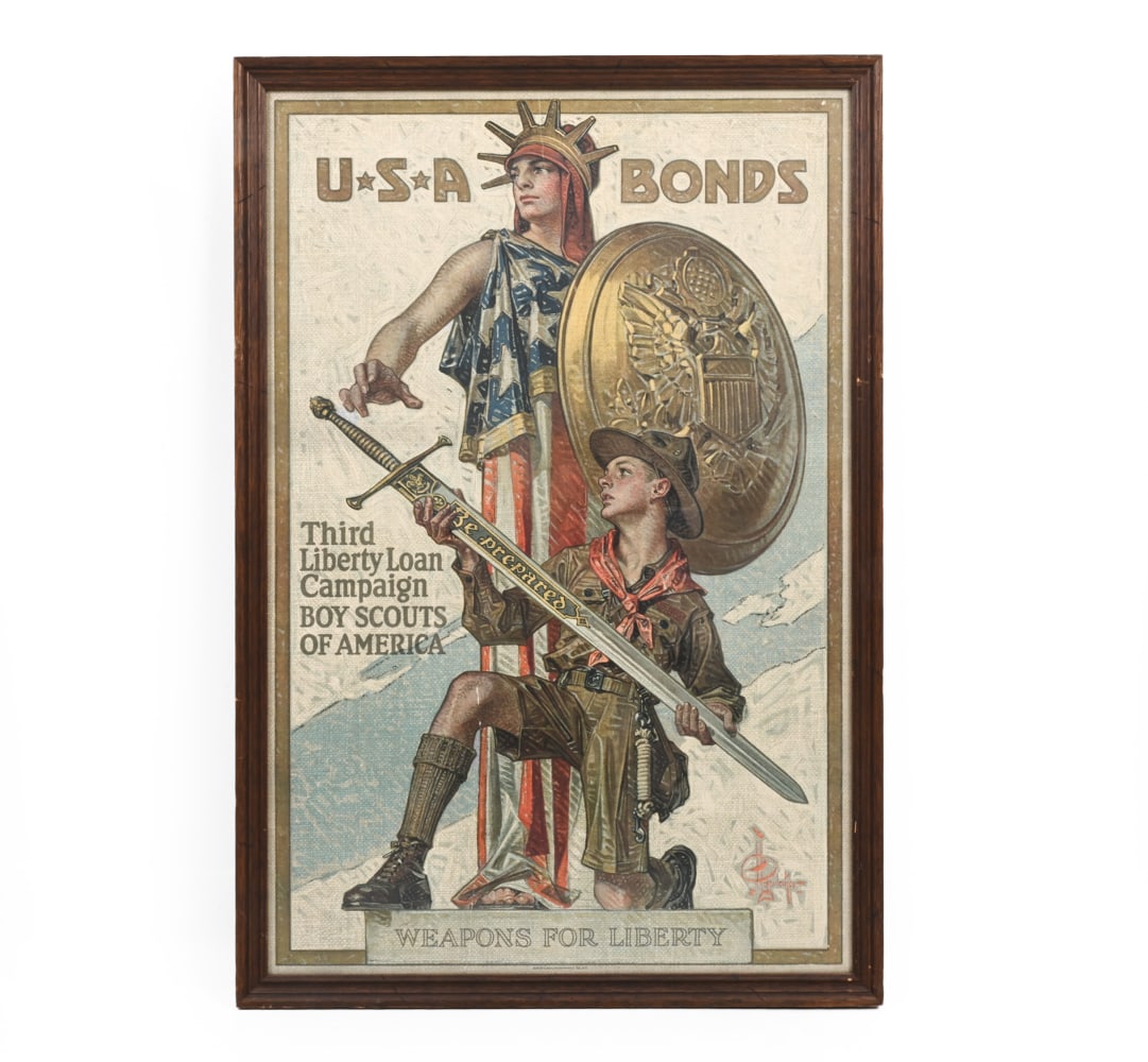 JOSEPH LEYENDECKER (1874-1951) WWI WAR POSTER: Framed lithograph entitled "Weapons for Liberty" by illustrator Joseph Christian Leyendecker for the Third Liberty Loan Campaign. Circa 1917. Dimensions: (Sight) H 29.75" x W 19.25" (Frame) H 32" x W