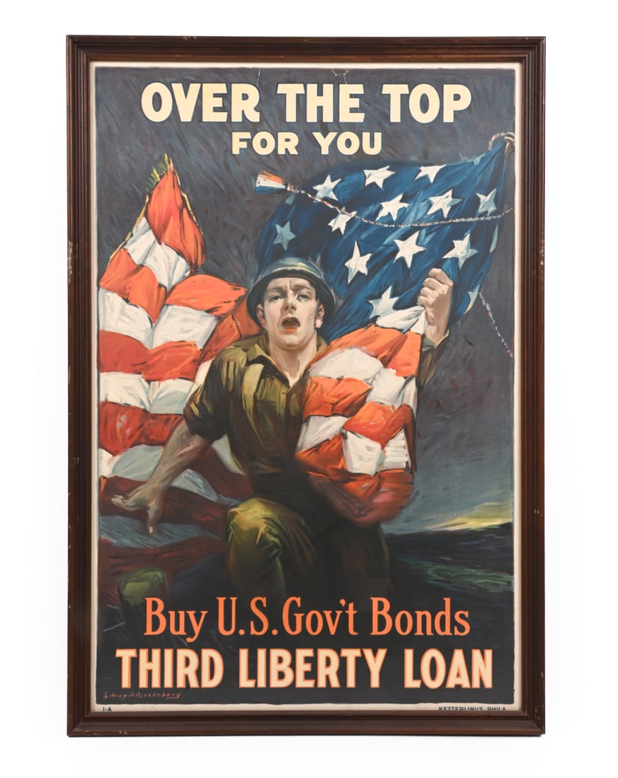 SIDNEY RIESENBERG (1885-1971) WWI BOND POSTER: Print of "Over the Top for You" by artist Sidney Riesenberg for the WWI U.S. Third Liberty Loan. Dimensions: (Sight) H 29.75" x W 19.75 (Frame) H 31.75" x W 21.75" Condition: Not examined out of
