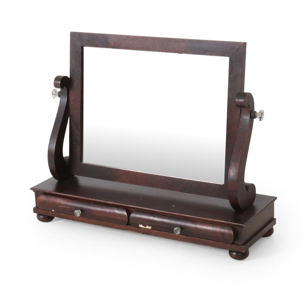 VICTORIAN MAHOGANY DRESSING TABLE MIRROR: Mahogany with swiveling mirror and scroll arms on either side of mirror. Glass knobs on swiveling part and drawers. Mid 19th century. Dimensions: H 23 " x W 28 " x D 10" Condition: Showing signs of