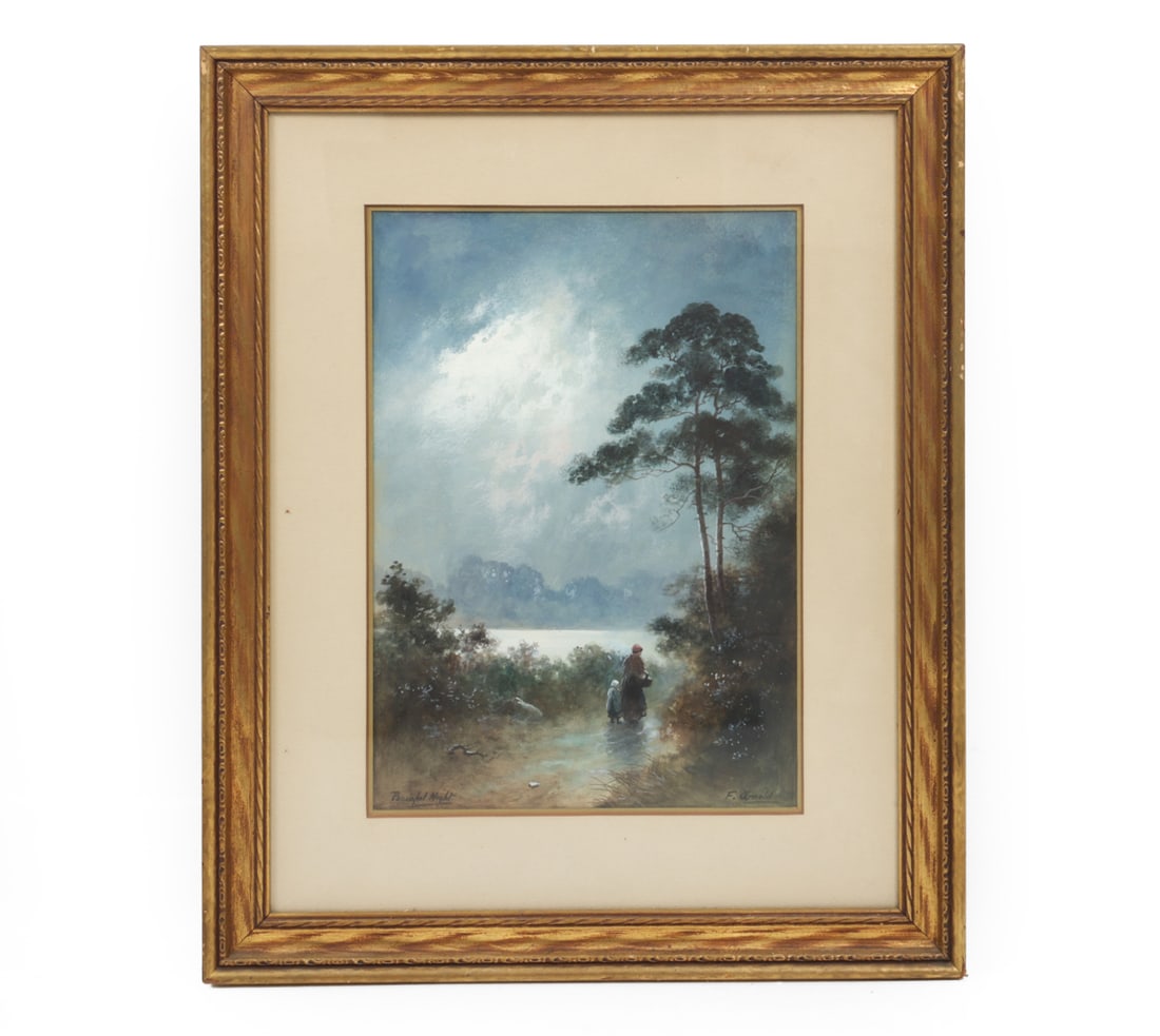 "PEACEFUL NIGHT" GOUACHE PAINTING: Titled at bottom right hand corner. Early 20th century. Dimensions: (frame) H 21.8" x W 17.8" (sight) H 18.5" x W 14.5" Condition: Scuffs and discoloration to frame. Wear consistent with age.