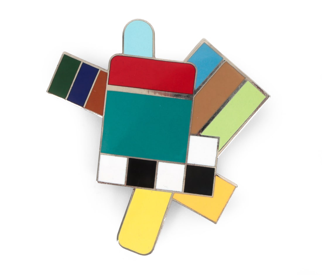 GERARD TAYLOR LAMBELLO BROOCH BY ACME STUDIO: Brooch featuring geometric and colorful designs. Marked on backside, Taylor for Acme, Los Angeles. Dimensions: H 3" x W 2.75" Condition: Light rubs and scratches. Wear consistent with age and use.