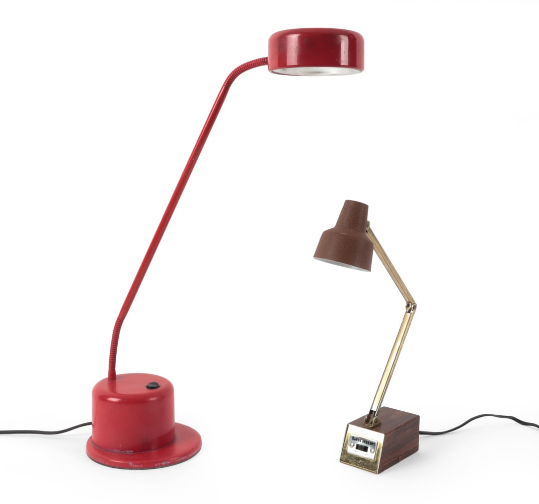 VINTAGE TASK LAMPS INCL. TENSOR: (2) vintage adjustable task lamps, including a Tensor Corp. Marked to underside. Dimensions: (Largest) H 25.5" x W 6.5" x D 5" Condition: Wear consistent with age and use. Wiring untested. Scratches