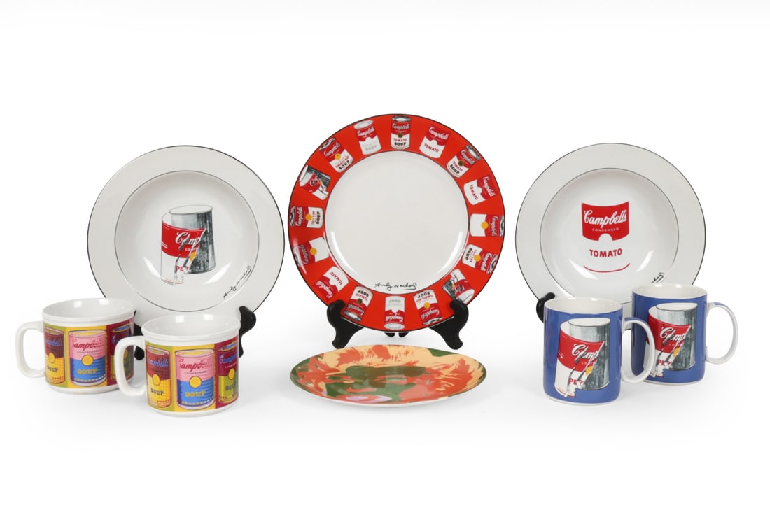 ANDY WARHOL ROSENTHAL STUDIO LINE TABLEWARE: Grouping of 8 Andy Warhol for Rosenthal. (4) mugs and (4) plates. Marked underneath. Dimensions: (Bowl) H 2" x Dia.9" Condition: Showing light signs of handling marks. Wear consistent with age and