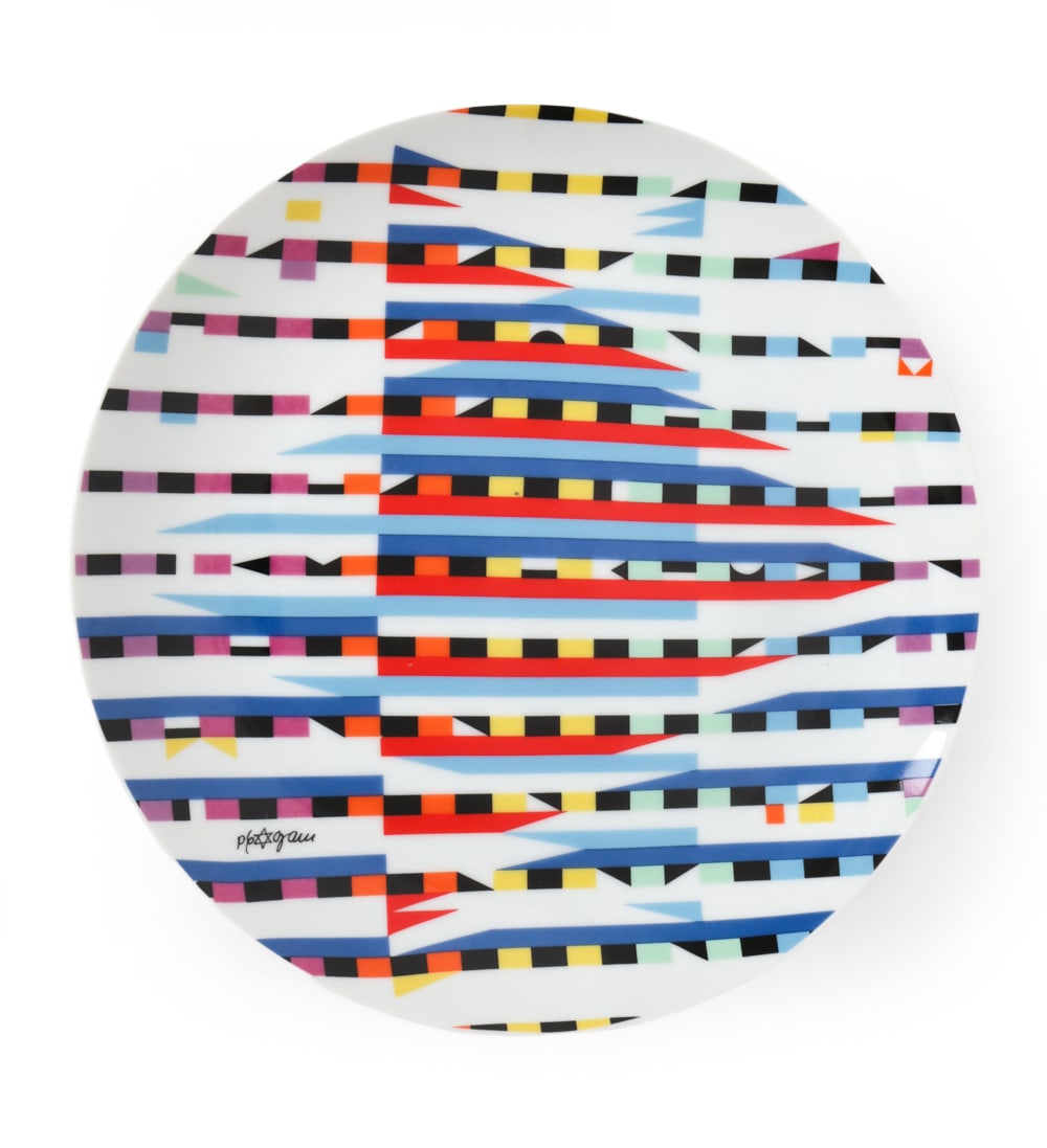 YAACOV AGAM PORCELAIN PLATE 287/500: Dimensions: Dia 10.2'' Condition: Minor scuffs on the bottom, consistent to age and use.