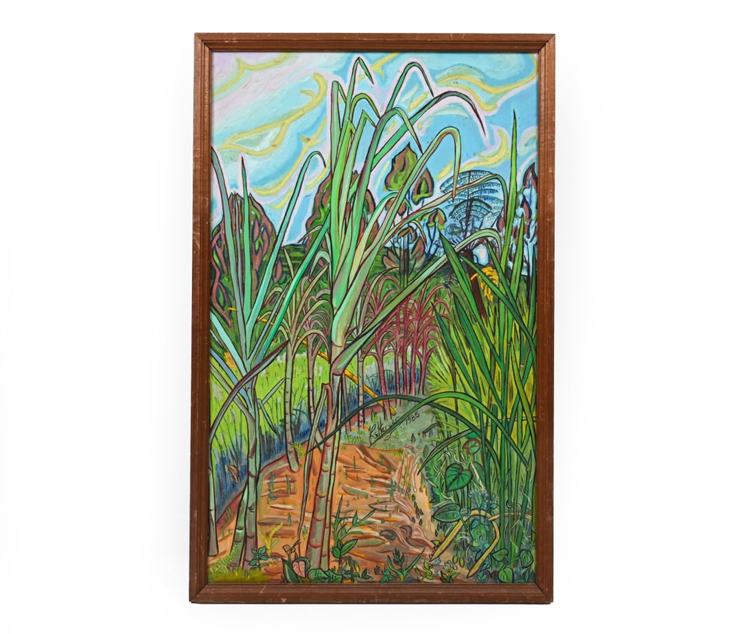 INDONESIAN EXPRESSIONIST LANDSCAPE O/C: Signed "Kettarger", dated "1985" and marked "Phuket, Indonesia" in center of painting. Oil on canvas. Dimensions: (Frame) H 32.75" x W 20.75", (Sight) H 30.75" x W 18.75" Condition: Scuffs to frame.