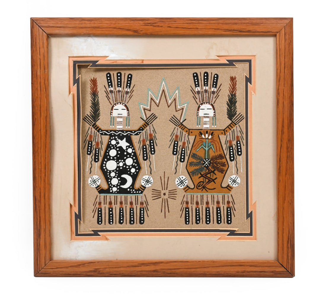 GRACE DICK NAVAJO SANDPAINTING: Titled "Mother Earth & Father Sky". Marked on back with title and artist. 20th century. Dimensions: (frame) H 18" x W 18" (sight) H 15.5" x W 15.5" Condition: Scuffs to frame, some discoloration.