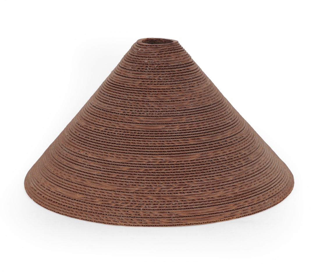 FRANK GEHRY CARDBOARD PENDANT LAMPSHADE: Corrugated cardboard pendant lampshade of conical form, constructed from layered cardboard. 20th century. Dimensions: H 9" x W 17.25" Condition: Wear consistent with age and use, including some scuffs