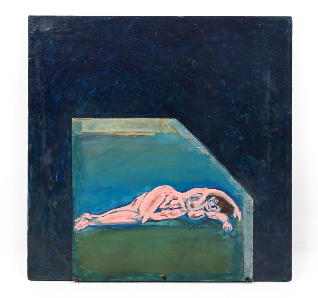 MIXED MEDIA FIGURATIVE PORTRAIT: Figurative woman lying down on wood board. Lined with tape and screwed onto canvas. Mixed media including acrylic paint on board and canvas. Dimensions: H 18" x W 18" Condition: Small tears in
