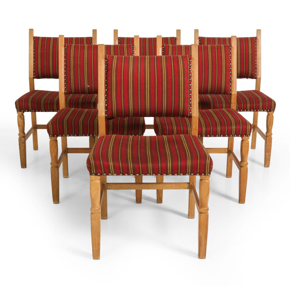 6 ATTR HENNING KJAERNULF DANISH OAK DINING CHAIRS: Striped upholstery with oak frame. Apparently unmarked. Denmark, circa 1960s. Dimensions: H 34" x W 20" x D 17" x SH 17.5" Condition: Scuffs and scratches to wood. Wear consistent with age and use.