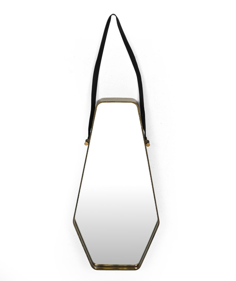 ARTERIORS RIPLEY BRASS WALL MIRROR: Arteriors Ripley Heagon mirror, SKU 3153 model, featuring brass-finished iron frame with a hanging leather strap. Dimensions: H 32" (without strap) x W 15" x D 2.5" Condition: Rubs, patina to frame. W