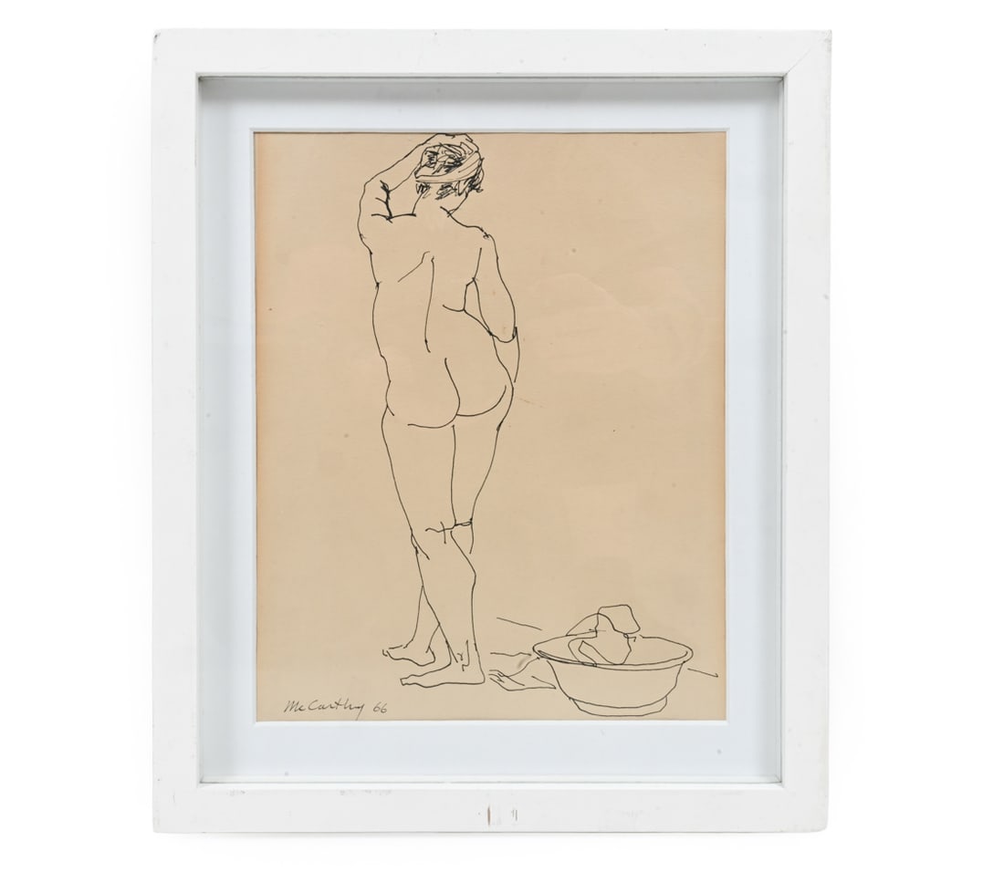 FRANCIS MCCARTHY (1923-2005) INK NUDE STUDY: Woman nude ink on paper. Signed and dated on bottom left hand corner "McCarthy '66". Dimensions: (frame) H 13.5" x W 11" (sight) H 11.5" x W 9.5" Condition: Scuffs to frame. Wear consistent with age.