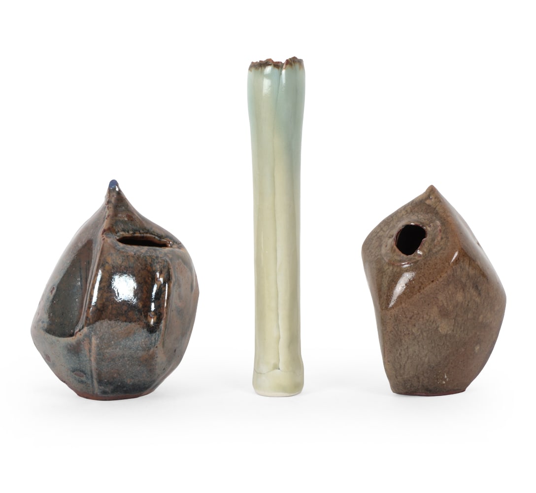 LOTTI CERAMIC VASE GROUPING: Signed lotti on undersides of each. Dimensions: (Tallest) H 12 " x Dia 2" Condition: Small nicks to top rim of tallest. Light surface wear consistent with age.