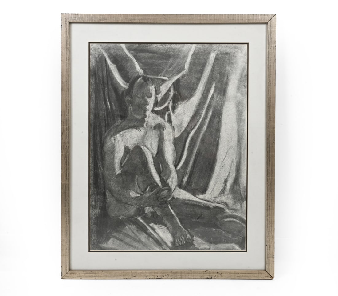 SEATED MALE NUDE CHARCOAL DRAWING ON PAPER: Monochrome charcoal sketched portrait on paper in silver tone frame. 20th century. Dimensions: (frame) H 29" x W 23.5" (print) 23" x W 17.5" Condition: Loss to finish on frame. Wear consistent with