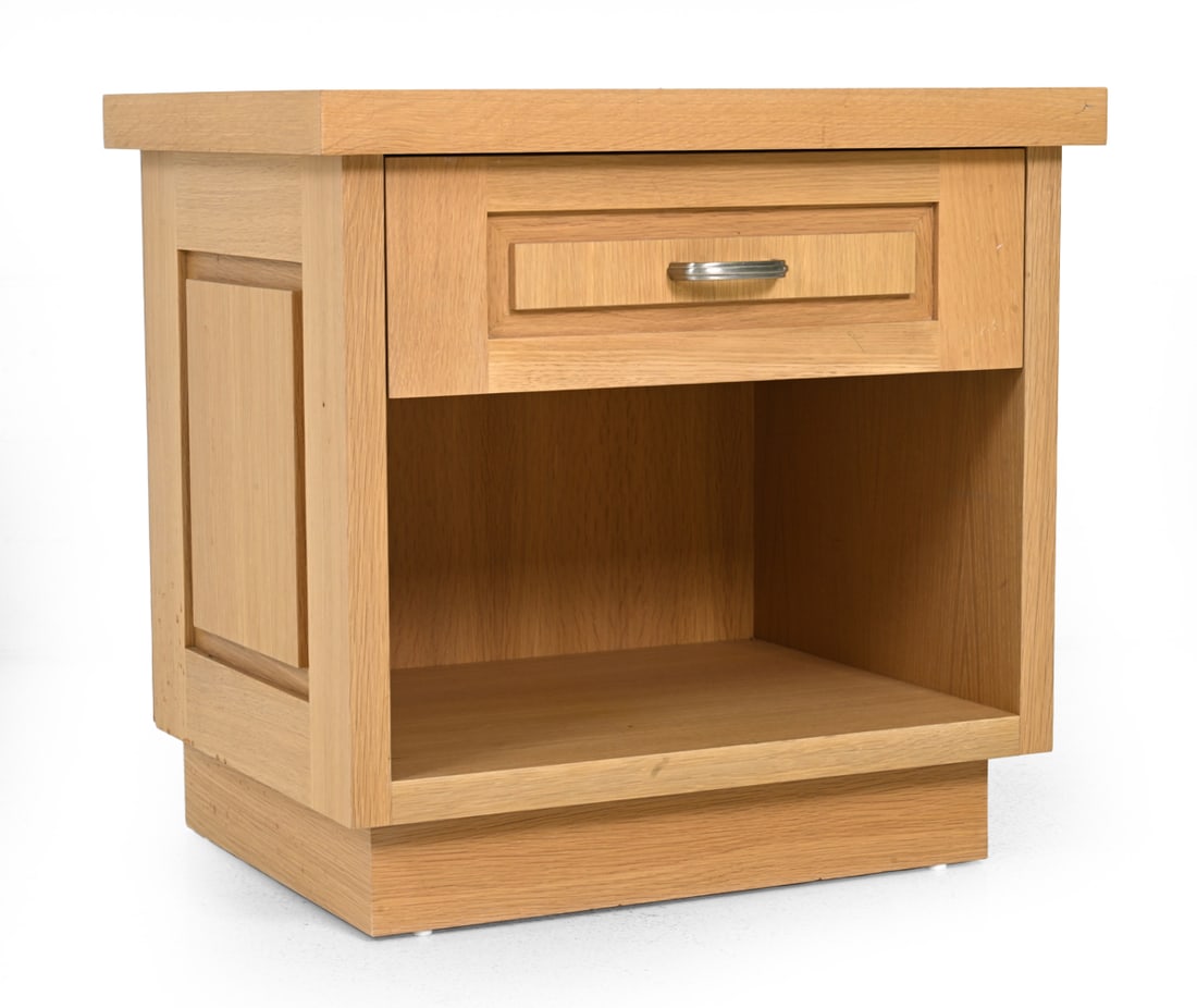 MODERN OAK NIGHTSTAND: Oak nightstand with one drawer and metal drawer pull. Dimensions: H 24'' x W 25'' x D 19'' Condition: Discoloration/staining to top surface. Scuffs and nicks. Wear consistent with age and use.