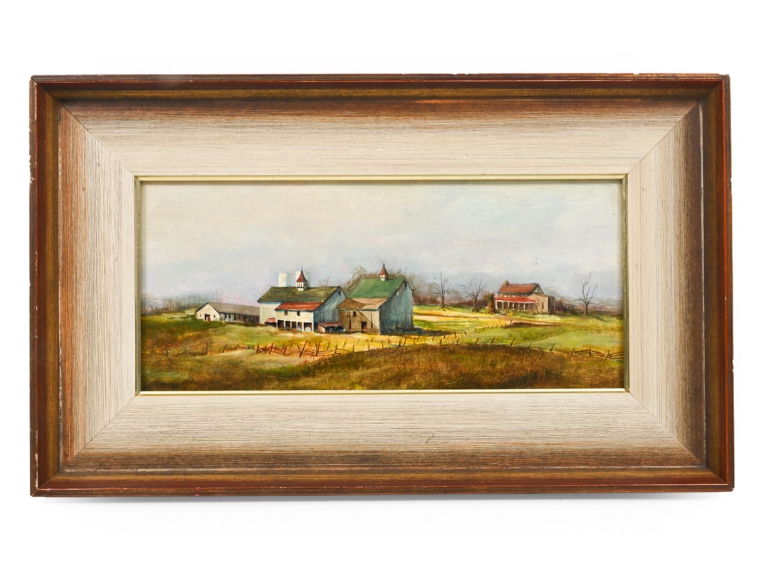 VINTAGE PASTORAL FARM SCENE O/C: Oil on canvas farm scene in brown frame. Apparently unsigned. 20th century. Dimensions: (Frame) H 11.3" x W 18.8" (sight) H 5.8" x W 13.2" Condition: Scuffs to frame. Wear consistent with age.