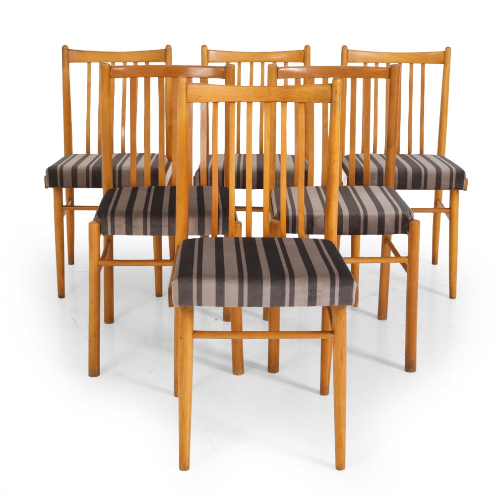 (6) UP ZAVODY CZECH BEECH DINING CHAIRS C. 1960S: Beech frame with striped upholstered cushions. Remnant of tag marked underneath. Czechoslovakia, circa 1960s. Dimensions: H 34" x W 16.5" x D 18.25" x SH 19" Condition: Scuffs, discoloration,