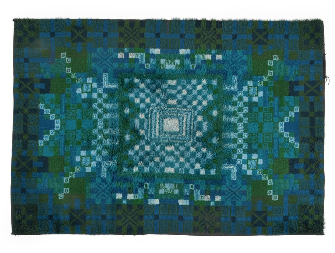 ABSTRACT SHAG RUG: Abstract and geometric design with blue and green colors. Apparently unmarked. Dimensions: L 90.5" x W 64.5" Condition: Staining and discoloration. Loss to border. Wear consistent with age and use.