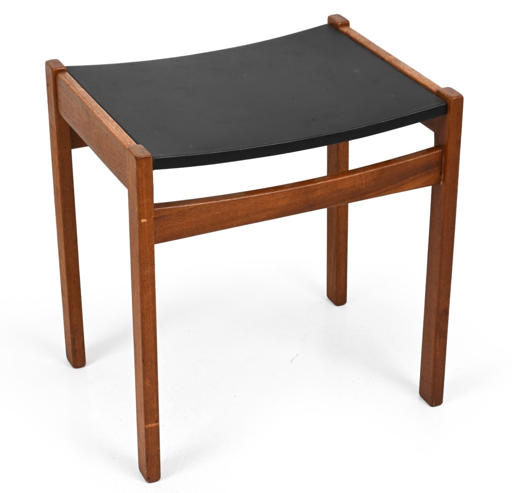 SCANDINAVIAN TEAK FOOTSTOOL C. 1960S: Teak frame with vinyl seat. Scandinavia, circa 1960s. Dimensions: H 19.75" x W 18.75" x D 14.25" Condition: Scuffs, watermarks, chips and wear to finish.