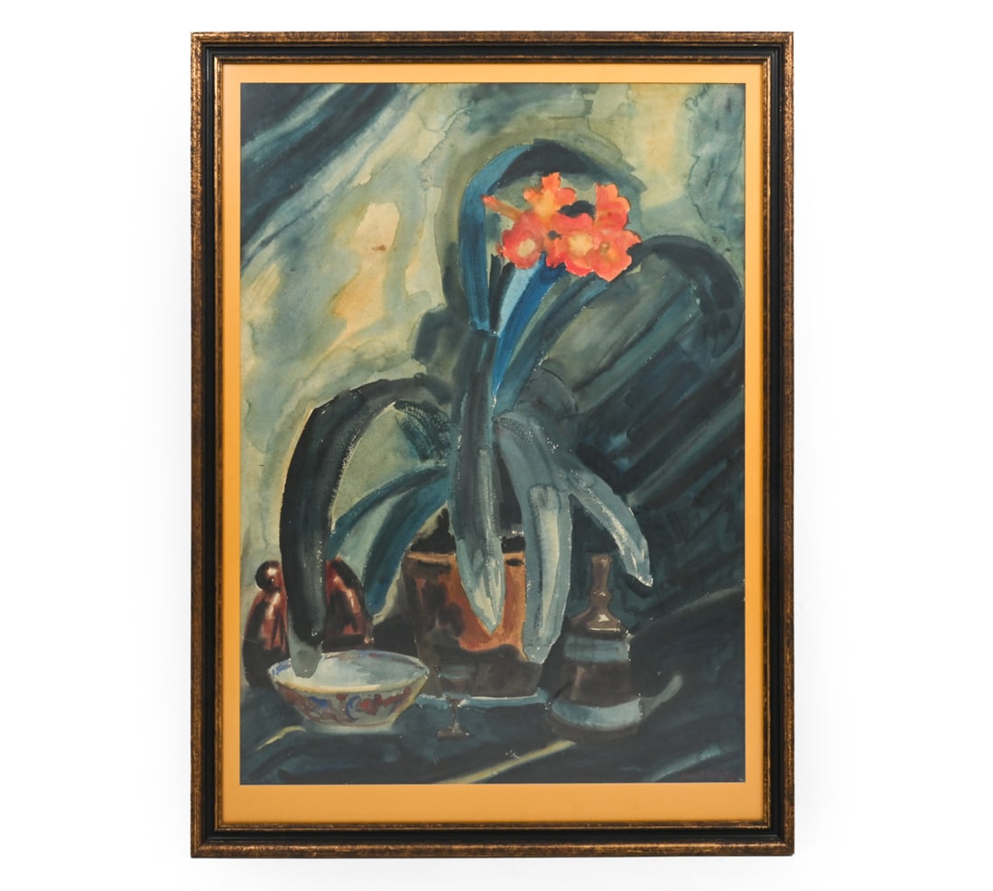 DIRK FILARSKI (DUTCH, 1885-1964) STILL LIFE W/P: Still life painting by Dirk Herman Willem Filarski. Bright multicolored potted flowers and porcelain bowl. Watercolor on paper. Signed "D.H.W. Filarski 18" lower right. Dimensions: (frame) H 40.6" x