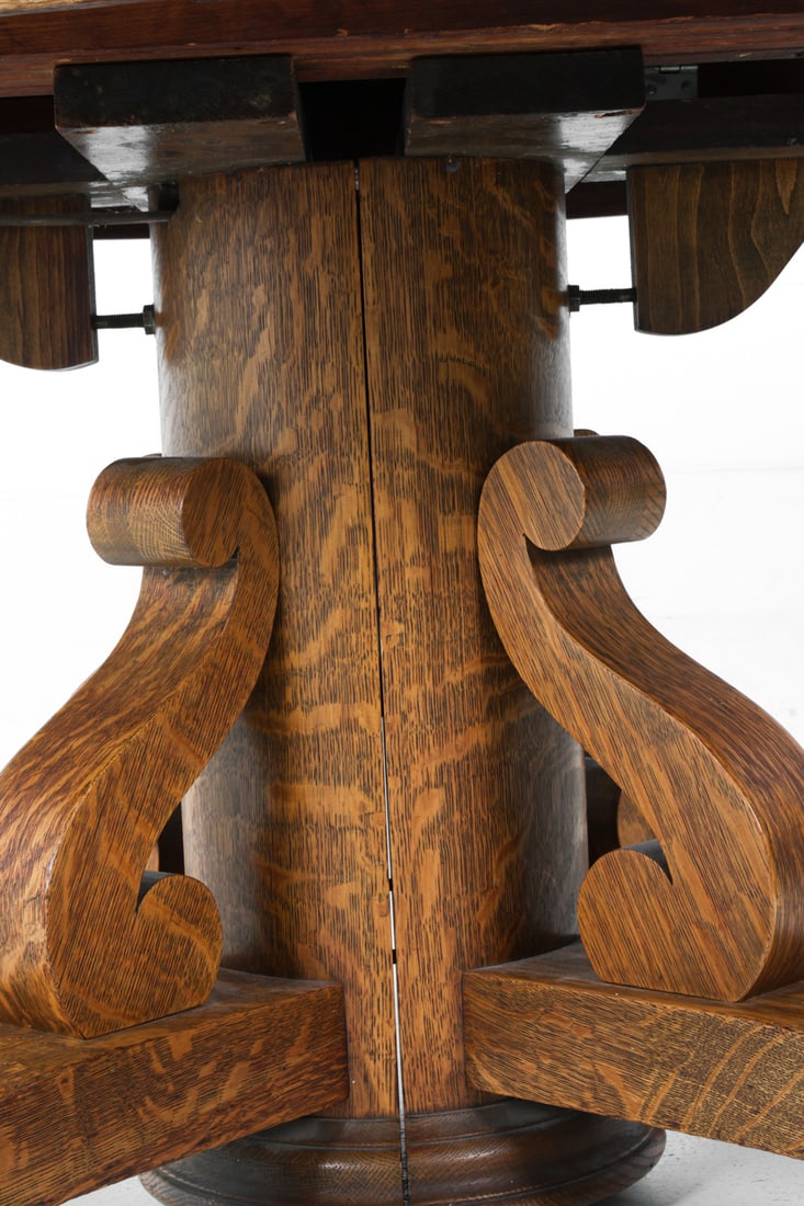 ANTIQUE OAK SCROLL PEDESTAL DINING TABLE - 10