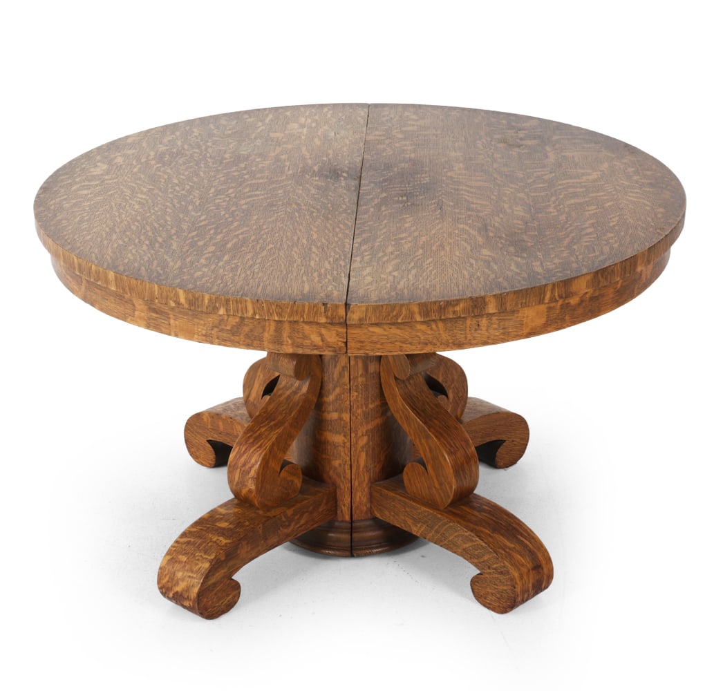 ANTIQUE OAK SCROLL PEDESTAL DINING TABLE - 2
