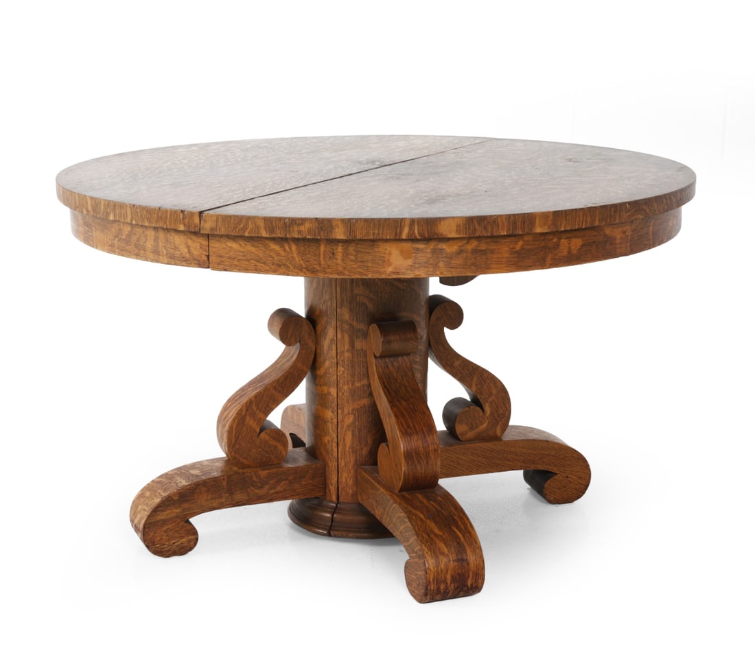 ANTIQUE OAK SCROLL PEDESTAL DINING TABLE - 3
