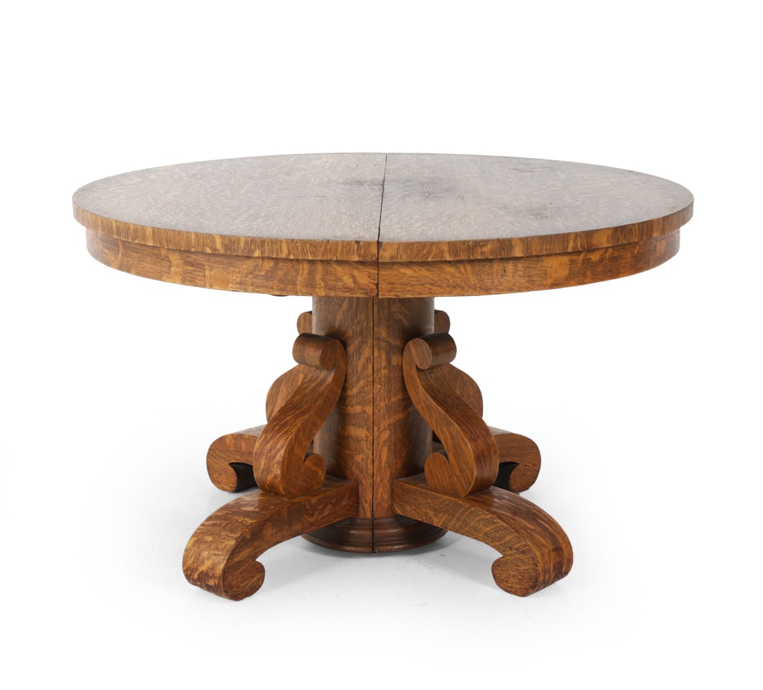 ANTIQUE OAK SCROLL PEDESTAL DINING TABLE - 4