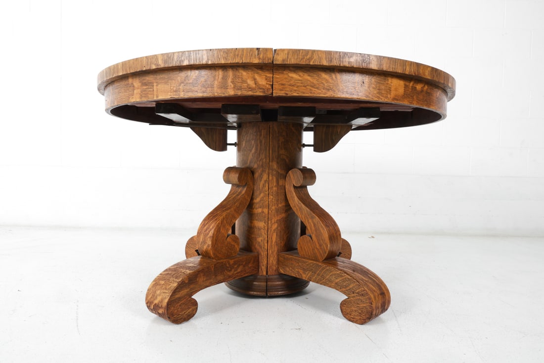 ANTIQUE OAK SCROLL PEDESTAL DINING TABLE - 8