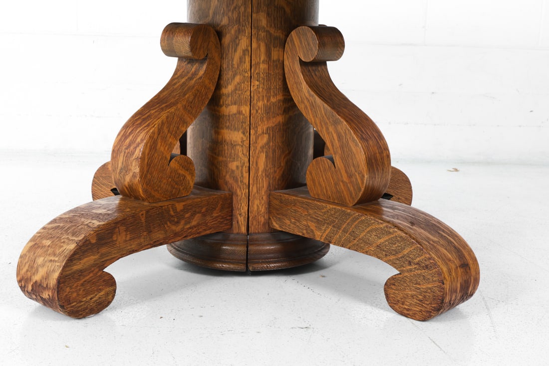 ANTIQUE OAK SCROLL PEDESTAL DINING TABLE - 9