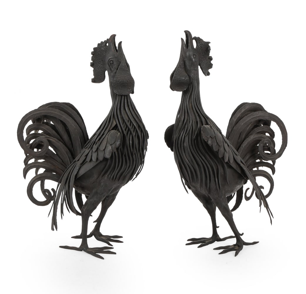 PAIR OF FOLK ART IRON ROOSTERS: Pair of folk art iron rooster sculptures with textured feathers and detailed comb and feet. Apparently unmarked. Dimensions: H 15" x W 9" x D 6" Condition: Wear consistent with age.
