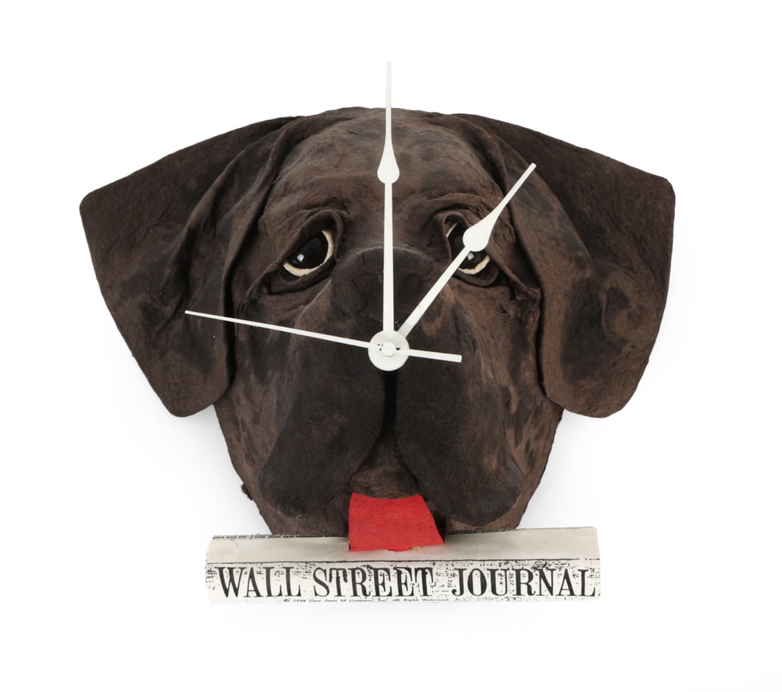 F. B. FOGG PAPIER MACHE DOG HEAD WALL CLOCK: Handmade papier mache mastiff head wall clock with ticking tongue and wall street journal newspaper. Battery powered. "FB Fogg" and "5/16" marked on back. Circa 1980s. Dimensions: H 11" x W 13.5" x D 