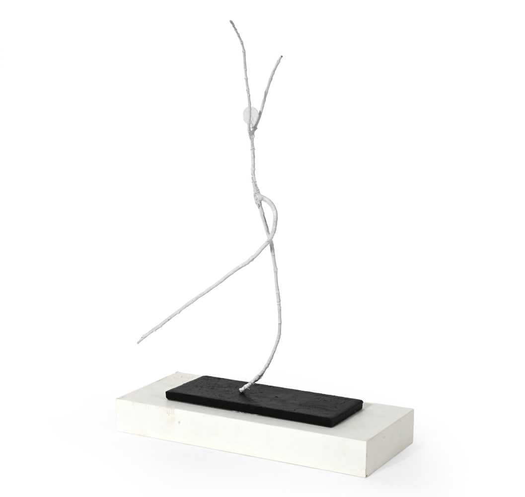 GIACOMETTI STYLE PAINTED BRANCH & WIRE SCULPTURE: Mixed-media figural sculpture from branches and wrapped wire in white finish. Slate and wooden base. Dimensions: H 18" x W 5" x D 12'' Condition: Scratches, scuffs. Chips and finish loss to base.