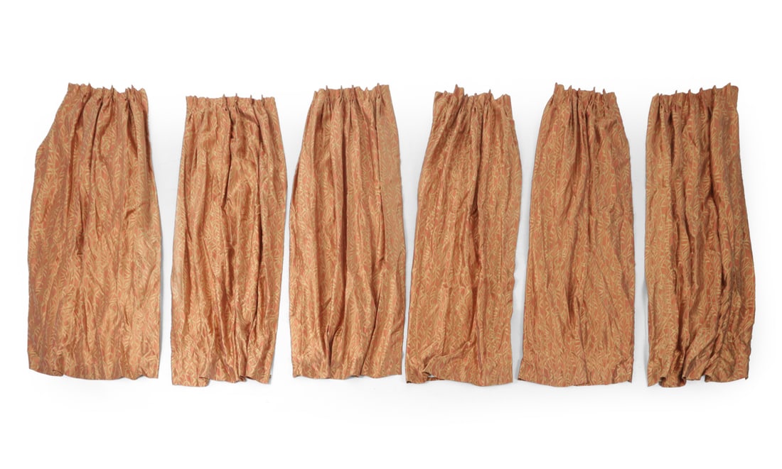 DRAPERY CURTAINS GROUPING: (6) Drapery curtains. Dimensions: L 88" x W 24.5". Total width: W 147" Condition: Some light sun fading, minor soiling. Wear consistent with age and use.