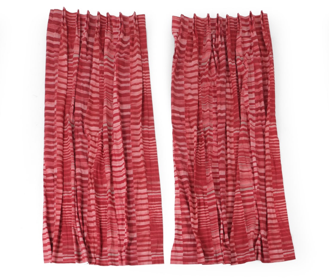 PAIR OF DRAPERY CURTAINS: Dimensions: (One) L 88.5" x W 30 ". Total width: W 60" Condition: Wear consistent with age and use. Some fading.