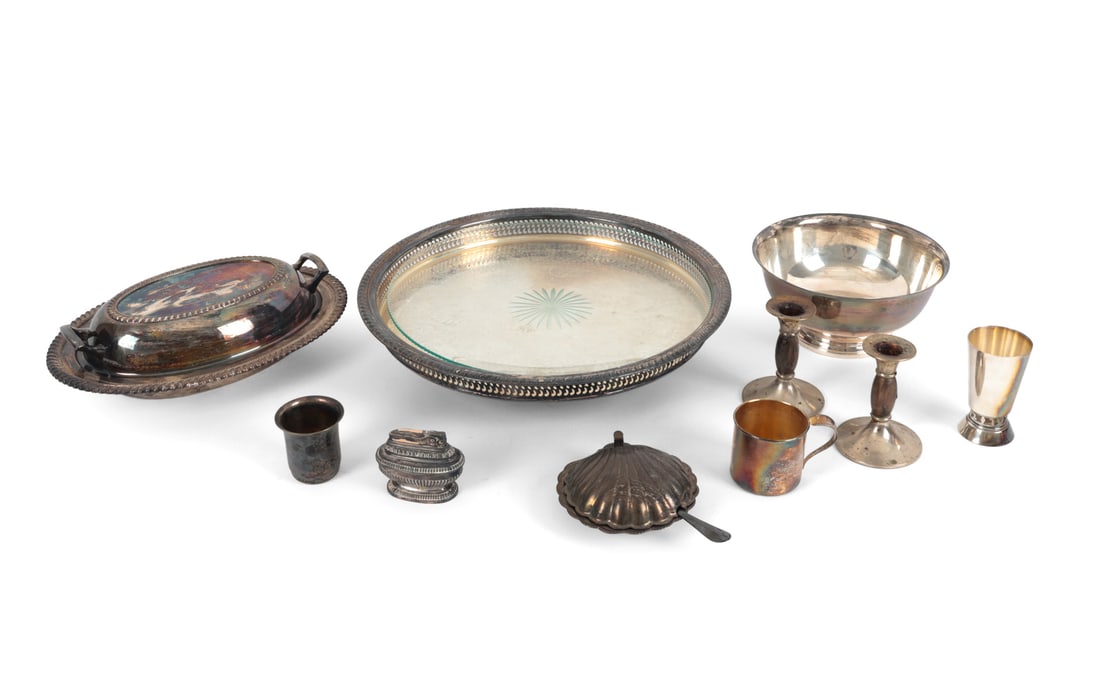 SILVERPLATE GROUPING: Grouping of assorted silver plate table and hollowware. Various makers and periods. Most marked on undersides. Dimensions: (Largest) H 3" x Dia 14.25" Condition: Tarnish, scuffs, surface wear