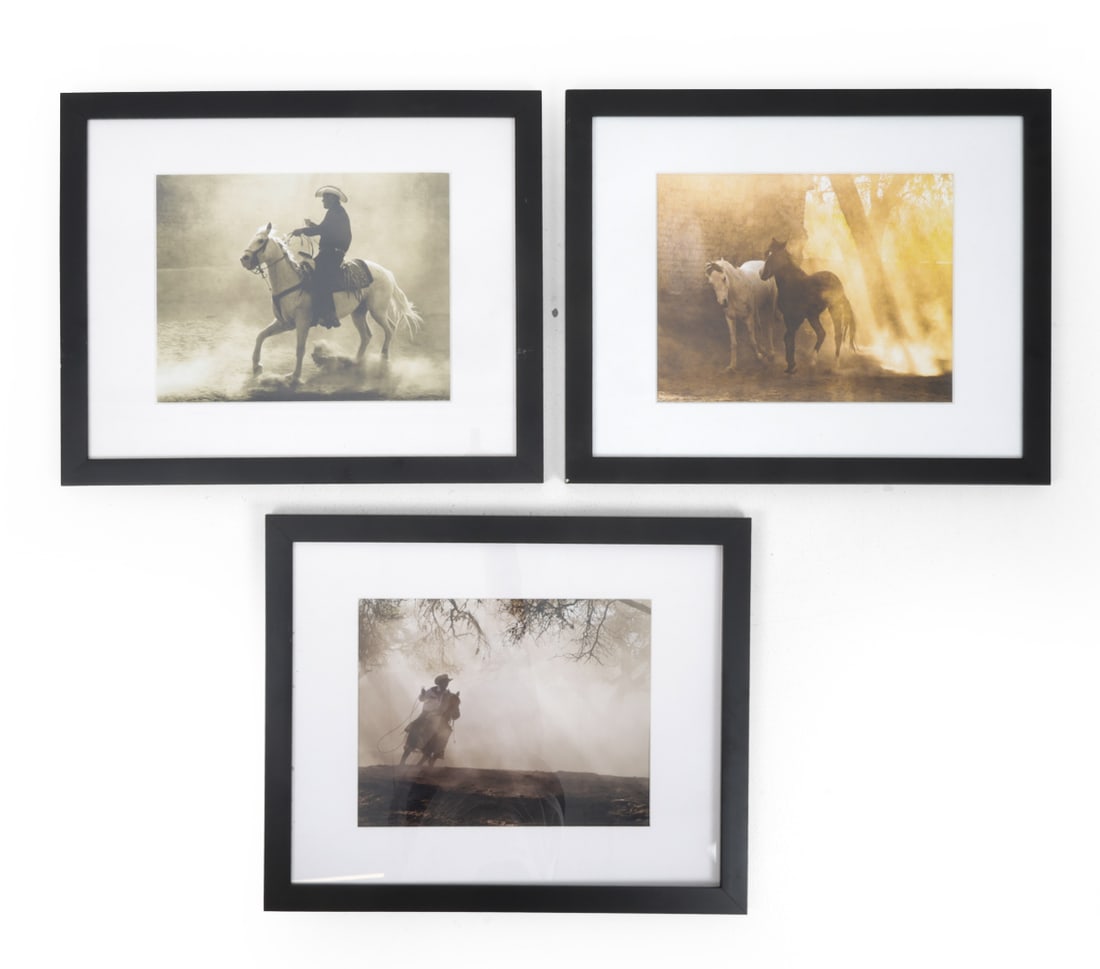 MIKE HARRIS MEXICAN RANCH PHOTOGRAPHS: (3) Photos of Mexican ranchers and horses in black frames. One is marked on the backside. Dimensions: (frame) H 18.25" x W 22.25" (photo) H 10.5" x W 13.25" Condition: Light scuffs to frames. Wear
