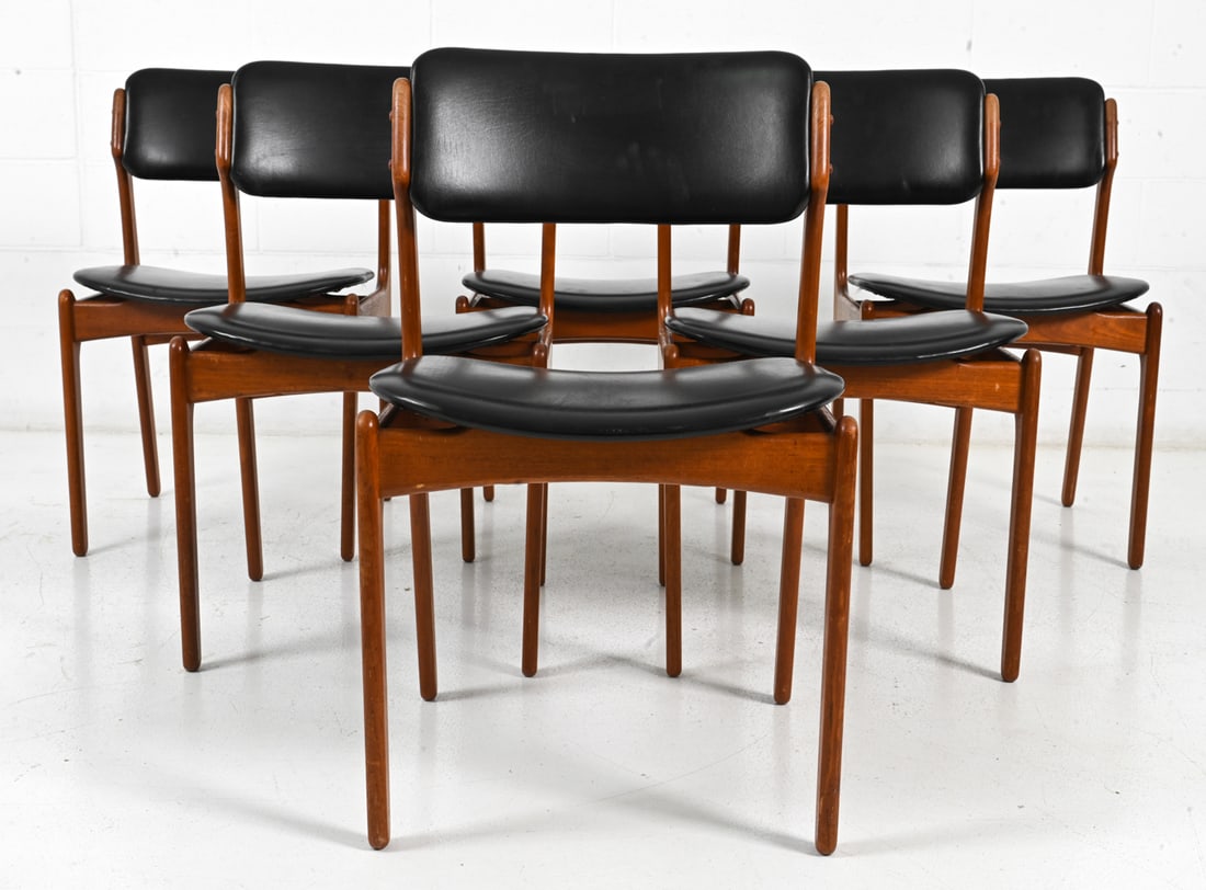 (6) ERIK BUCH MODEL 49 DANISH TEAK DINING CHAIRS: For O. D. Mobler, with Danish control label on frame. Denmark, Circa 1960s Dimensions: H 31.75" x W 19.75" x D 21.75" x SH 18.5" Condition: Scuffs and dings to frames. Fading/discoloration. Light wear