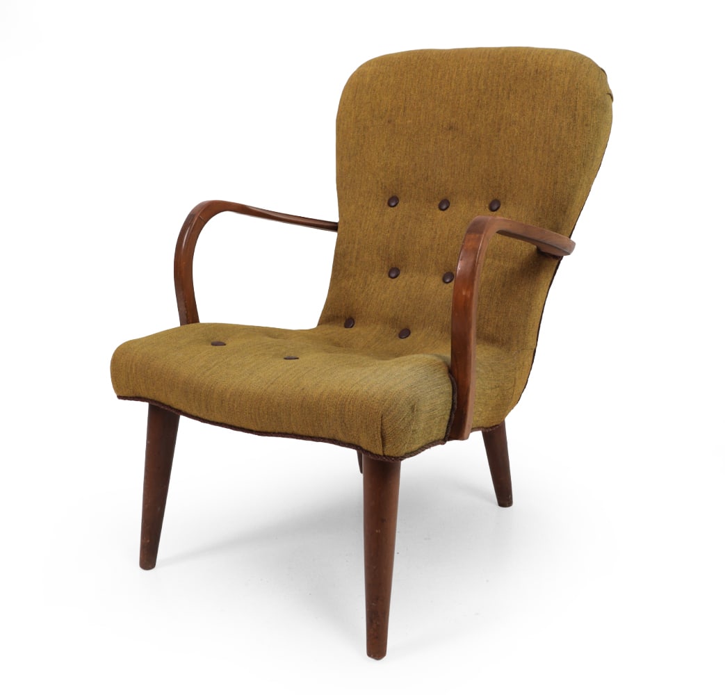 PHILIP ARCTANDER STYLE DANISH LOUNGE CHAIR 1950S: Highback lounge chair with beech curved armrest and tapered legs. Green woven upholstery. Denmark, circa 1950s. Dimensions: H 35 "x W 24.5? x D 30?, SH 16" Condition: Some sun fading to fabric. Few ni