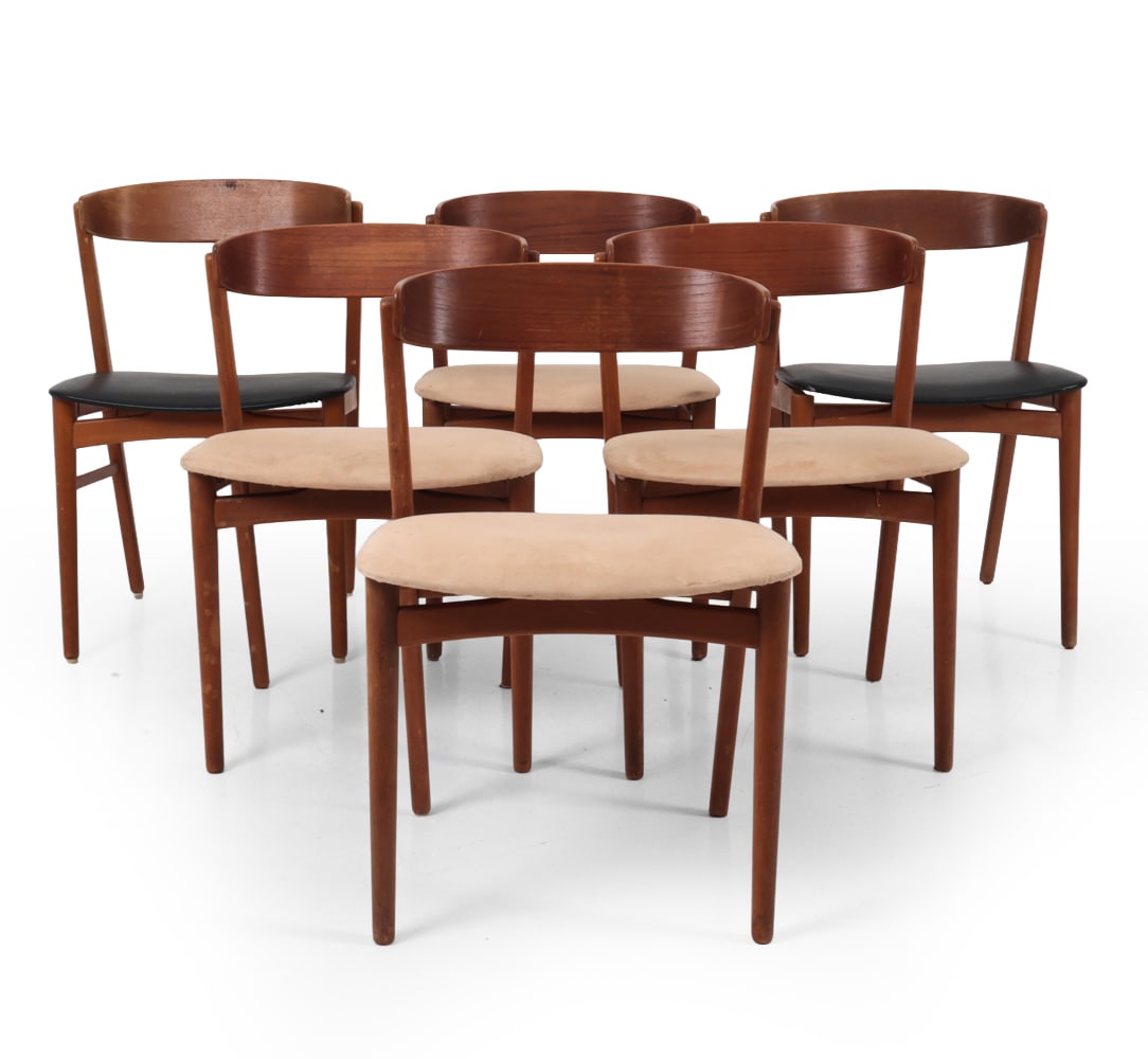 (6) DANISH TEAK DINING CHAIRS: Apparently unmarked, Danish Mid Century armchairs with sculpted wood frame, upholstered seat. Circa, 1960s Dimensions: H 29" x W 19.5" x D 18" S.H. 18" Condition: Showing wear including scratches and 