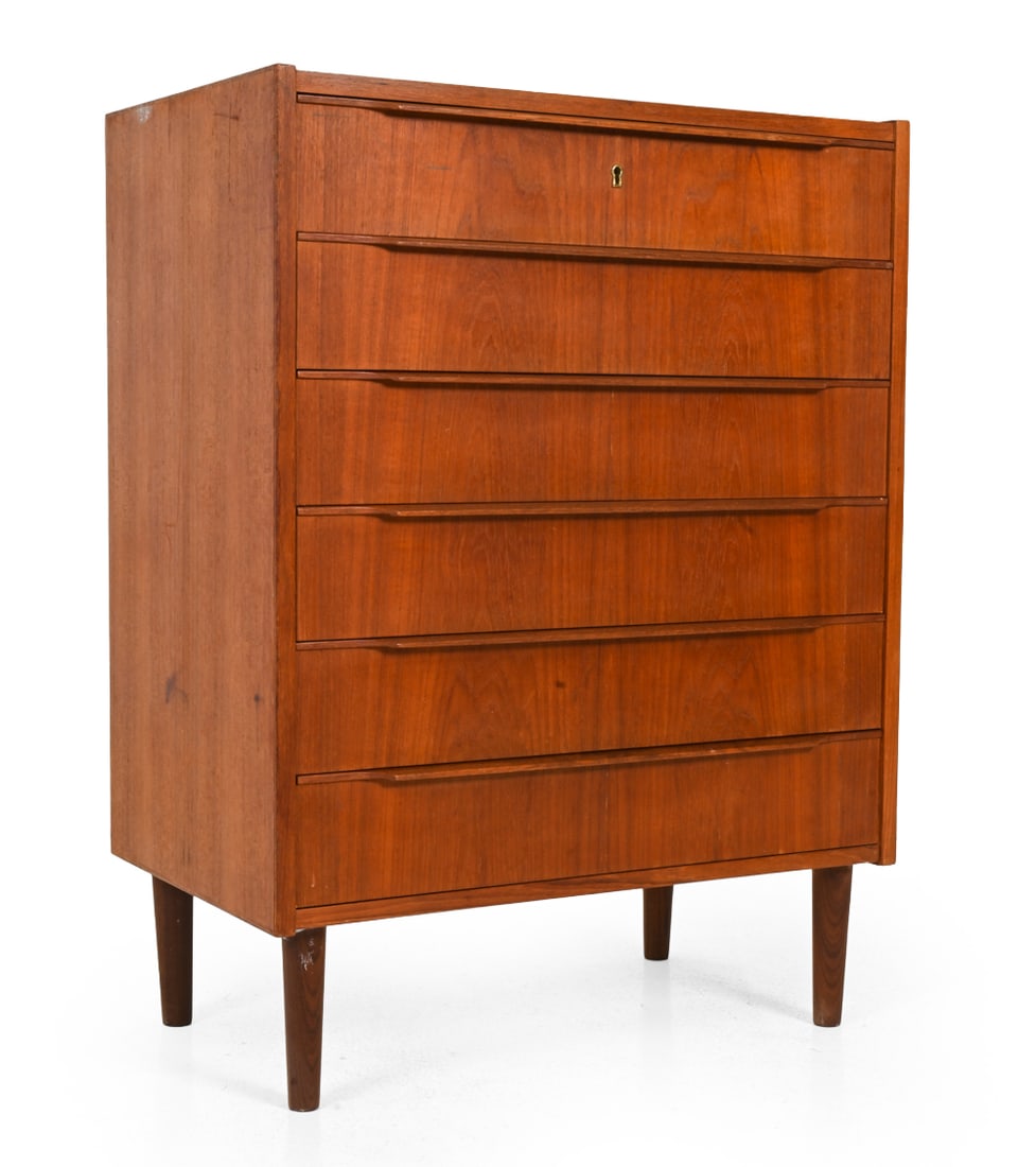 TIBERGAARD STYLE DANISH TEAK CHEST OF DRAWERS: Key included. Teak tallboy chest of drawers. Denmark, circa 1960s. Dimensions: H 39.5" x W 29.5? x D 18? Condition: Showing signs of wear including scratches, scuffs and fading to finish. Wear consist