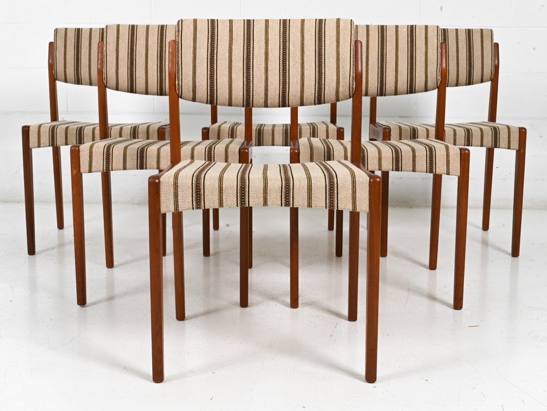 6 H. W. KLEIN FOR BRAMIN TEAK DINING CHAIRS 1960S: Teak with stripe upholstered seat and back. Marked underneath. Denmark, circa 1960s. Dimensions: H 31" x W 19? x D 18", S.H. 17.5? Condition: A few scuffs on legs and sides. Wear consistent with age a